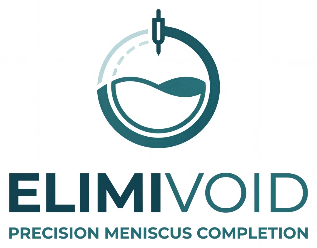 The ElimiVoid emblem: a precision cannula descending into a cartridge to complete a liquid meniscus within a teal dial ring — Panacea Bio Chem, Bogdan Dicoias